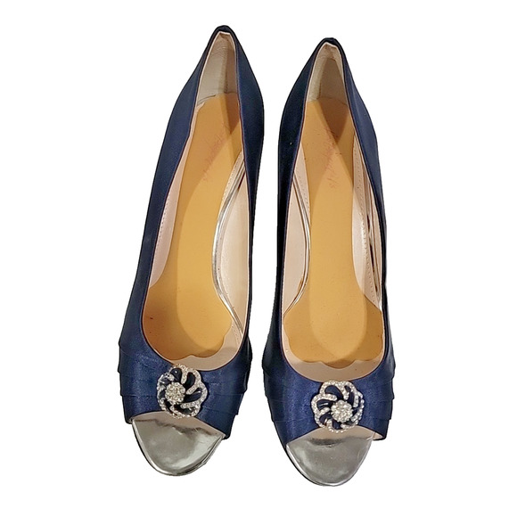 Erijunor Navy Blue Satin Peep-Toe Heels With Rhinestones Size 11B0 - Picture 14 of 14